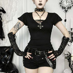 Crop Top Gothique Noir Col V – Style Punk Alt Femme S/M/L Goth Dark