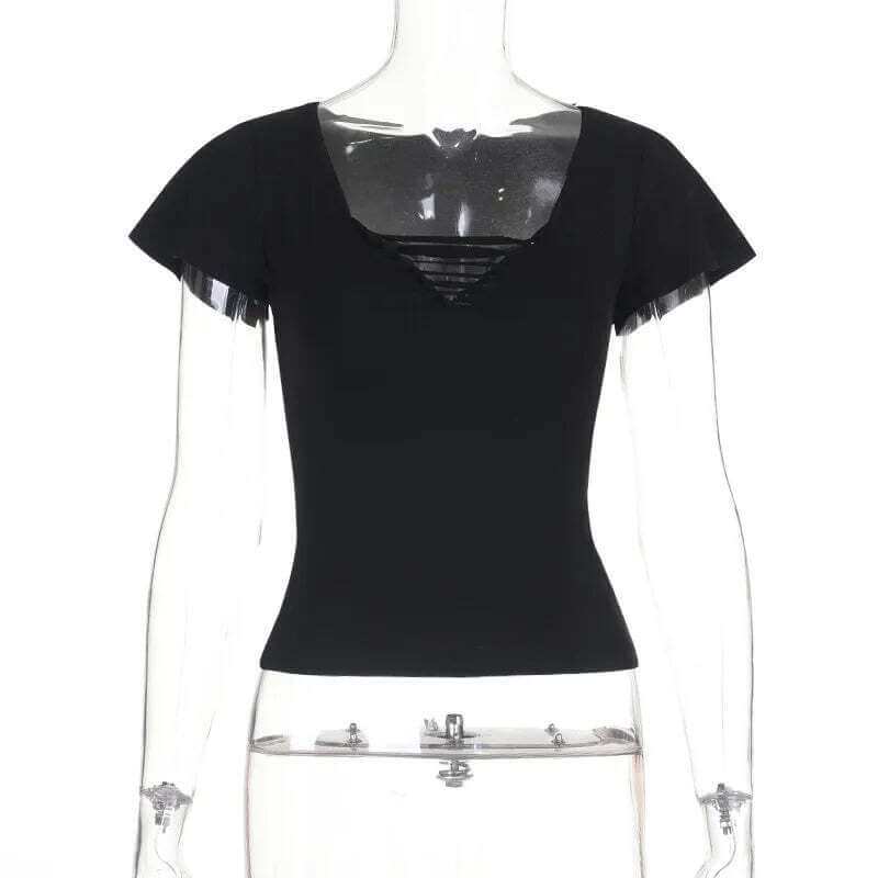 Crop Top Gothique Noir Col V – Style Punk Alt Femme S/M/L Goth Dark