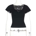 Crop Top Gothique Noir Col V – Style Punk Alt Femme S/M/L Goth Dark