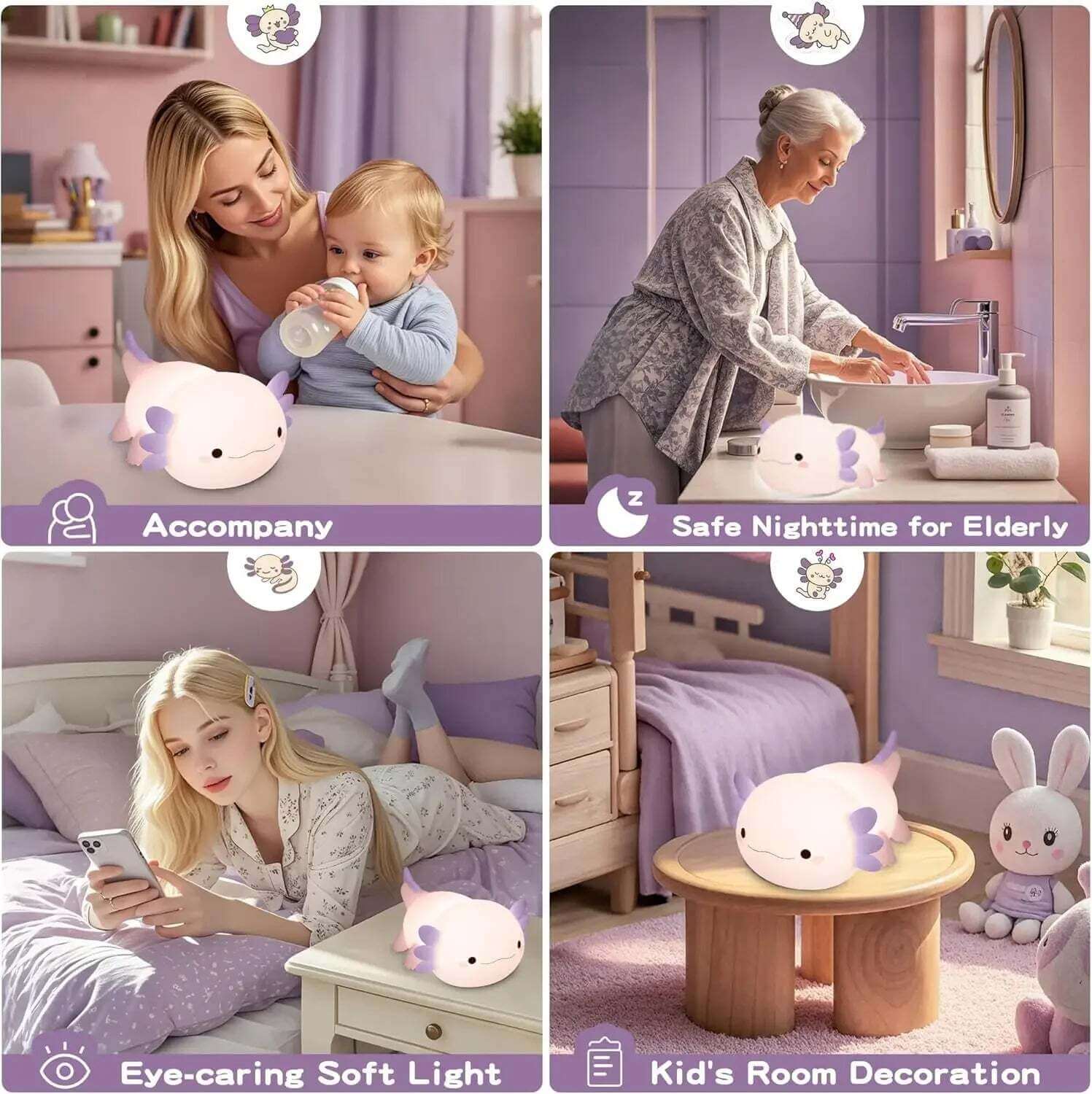 Night Light for Kids,Cute Purple Axolotl Lamp ,LED Squishy Nursery Nightlight,  Soft Silicone Novelty Animal Bedside Lamp TechVisio