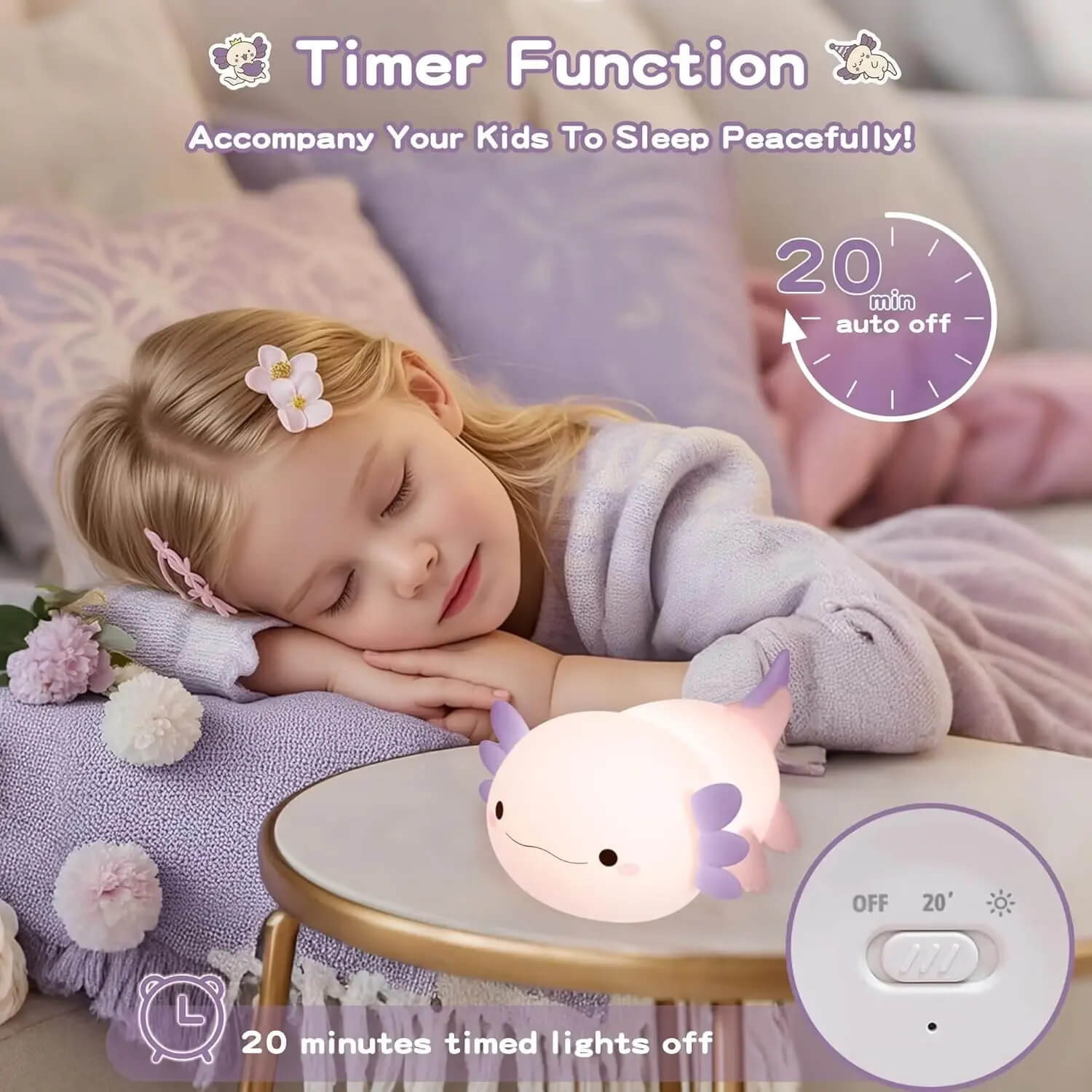 Night Light for Kids,Cute Purple Axolotl Lamp ,LED Squishy Nursery Nightlight,  Soft Silicone Novelty Animal Bedside Lamp TechVisio