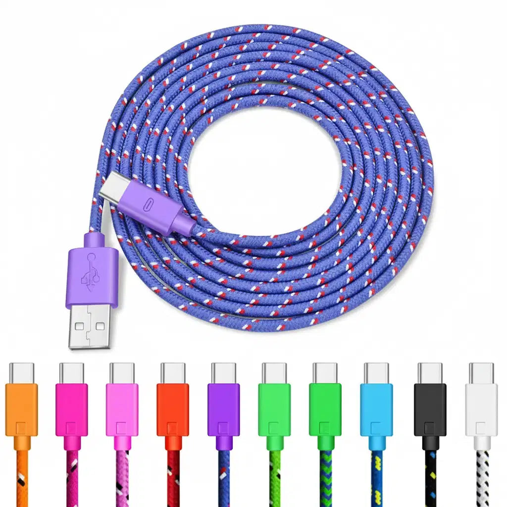 Câble USB-C tressé nylon – Charge rapide & transfert de données, 10 couleurs, 0,5m à 3m TechVisio
