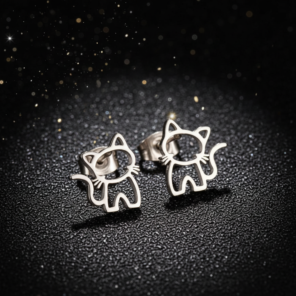 Cat Earrings Silver Close-up Premium
