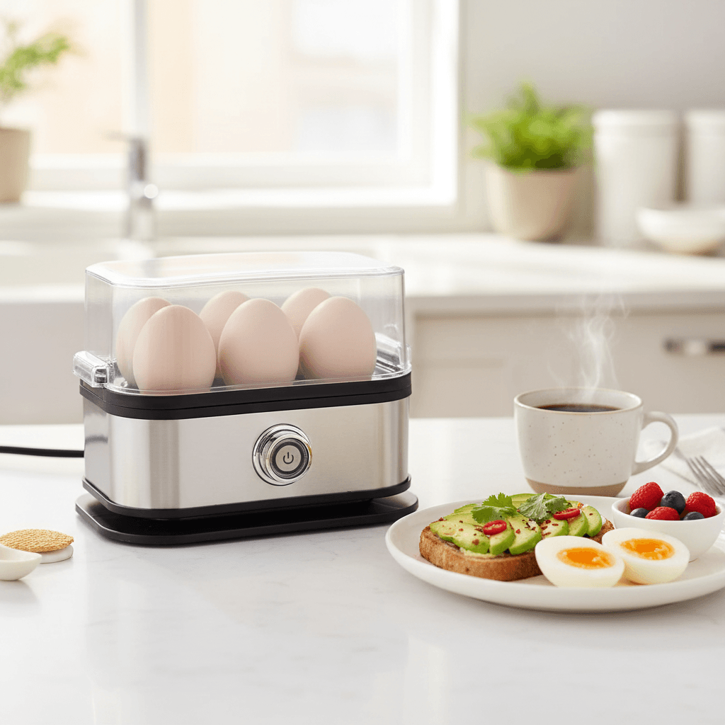 200W Power Eggs Boiler Space Saving Auto Shut-Off Smart Egg Cooker 6 Eggs Capacity Stainless Steel Rapid Egg Cooker TechVisio